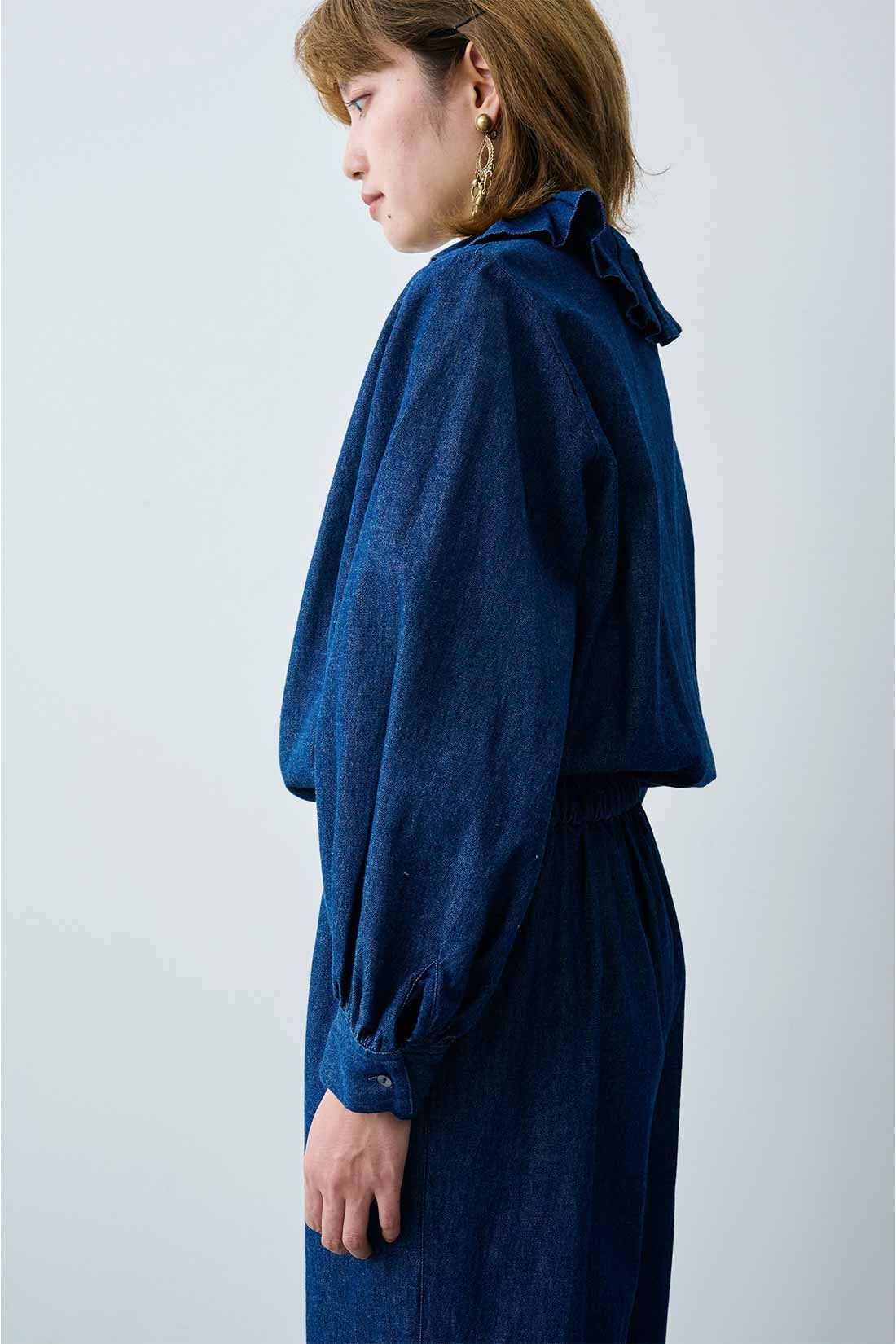 MEDE19F|【MEDE19F】Boutique888さんコラボ フリル遣いのデニムオールインワン〈インディゴネイビー〉