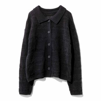MEDE19F | クロシェレース風透かし編み衿付きニットカーディガン〈ブラック〉