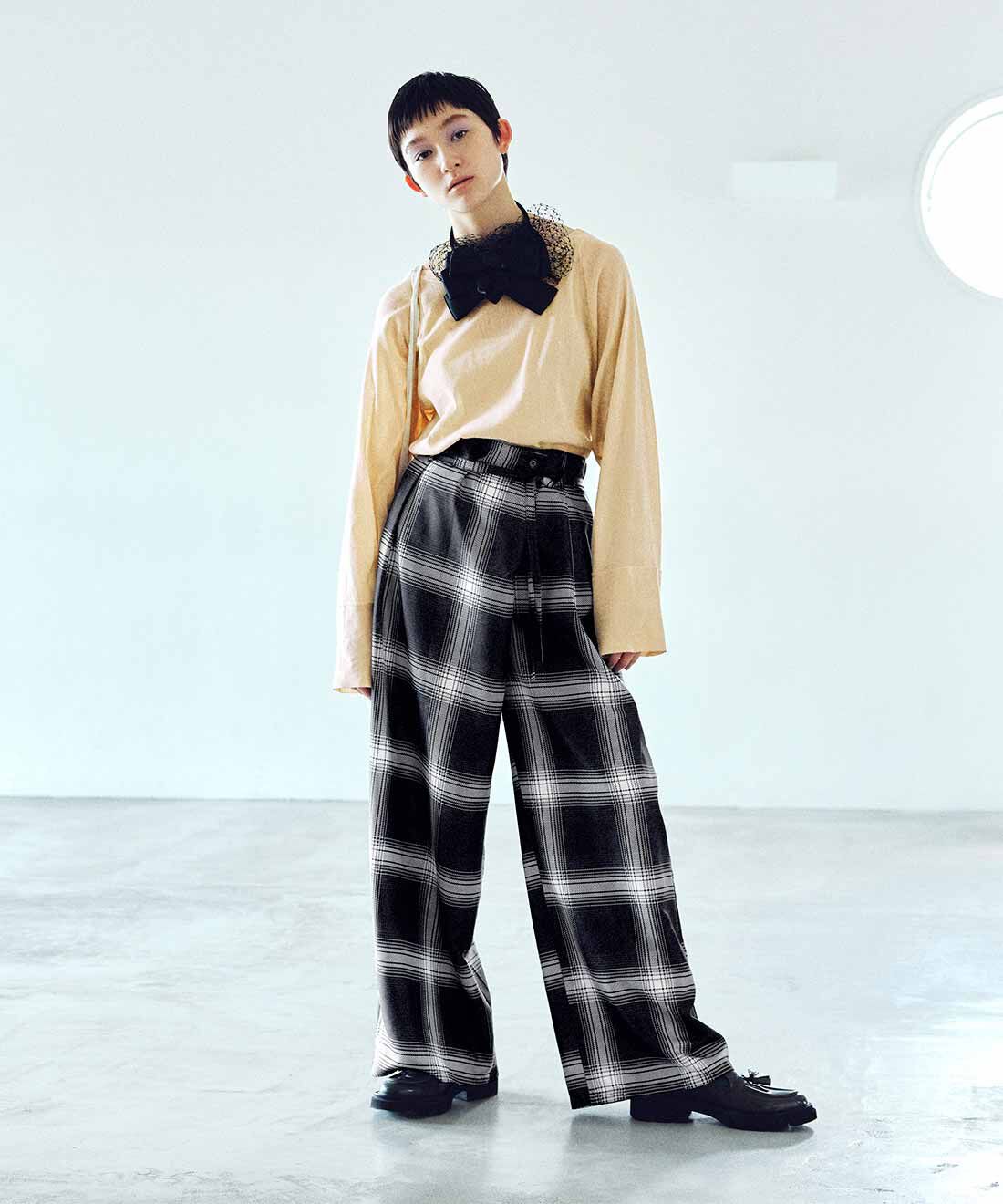 MEDE19F|MEDE19F　ラップデザイン プリントチェックパンツ〈ブラック〉