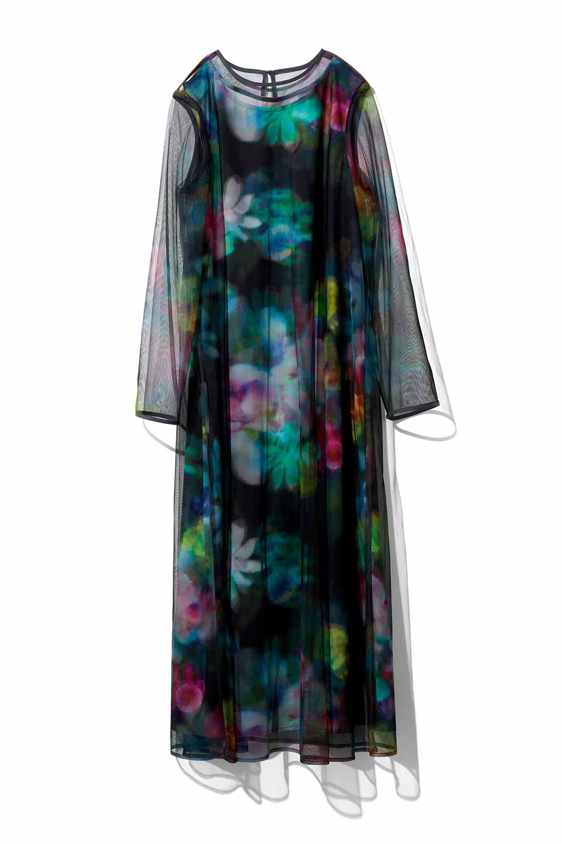 MEDE19F|MEDE19F　花柄のプリントを重ねたシアードレス〈ブラック〉