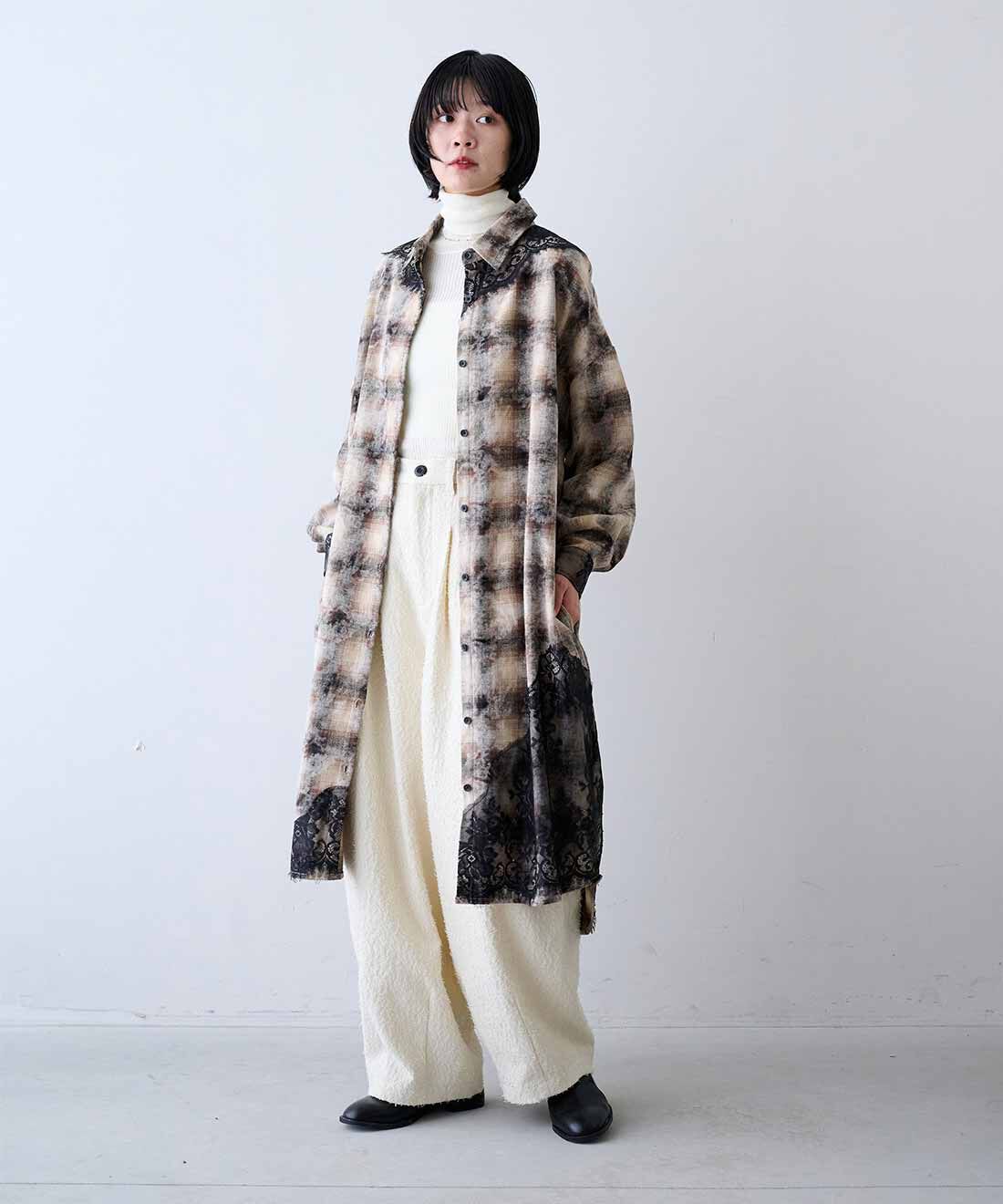 MEDE19F|MEDE19F　レースコンビのヘイジーチェックワンピース〈ブラウン〉|モデル身長：163cm　着用サイズ：M