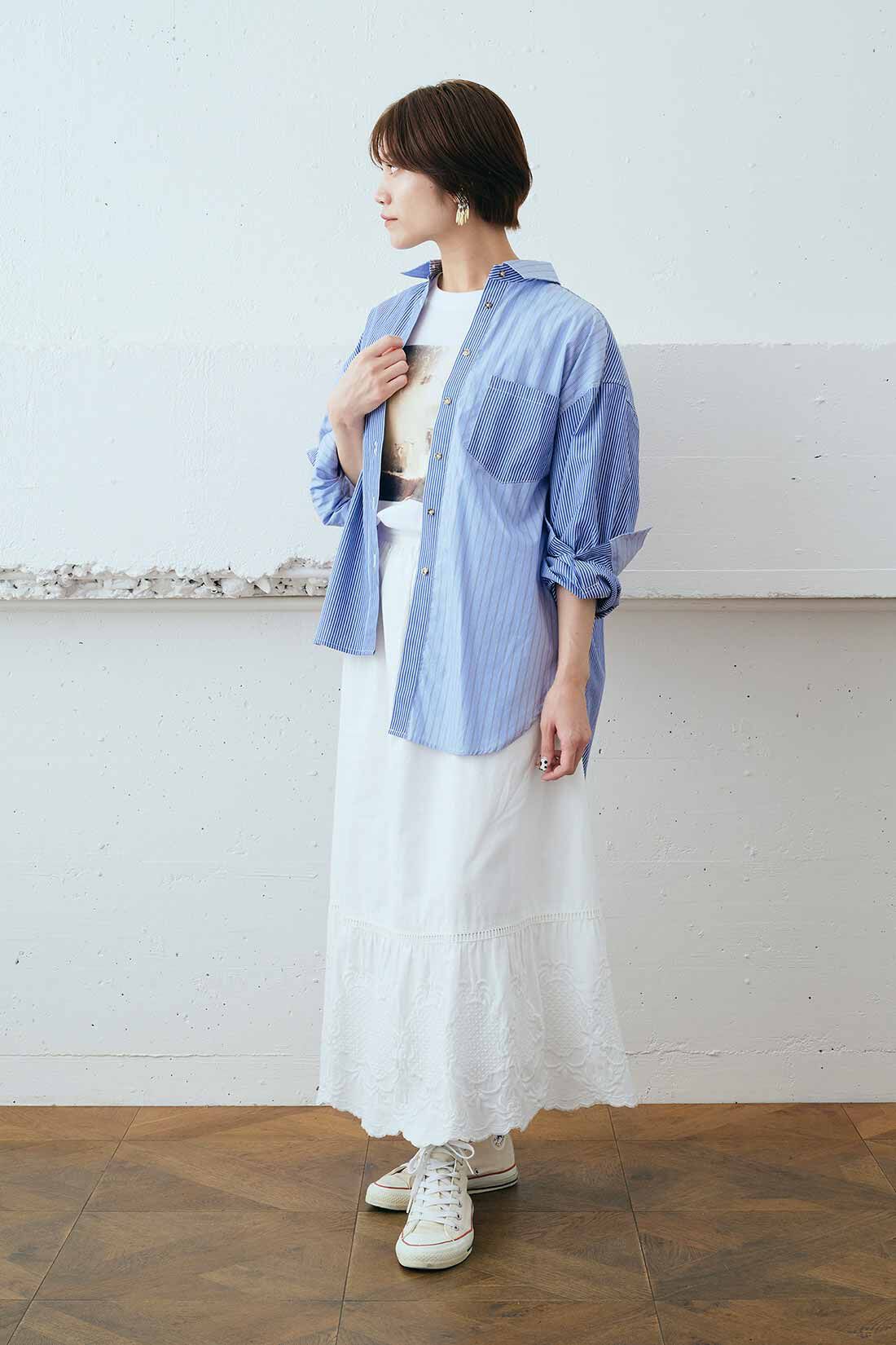 MEDE19F|MEDE19F　ミックスストライプシャツ〈ライトパープル〉|モデル身長：162cm　着用サイズ：M