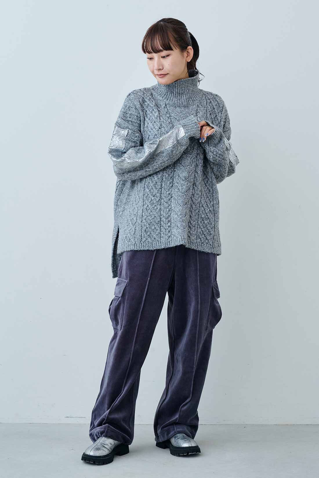 MEDE19F|MEDE19F　フォイルプリント タートルアランニット|モデル身長：158cm　着用サイズ：M