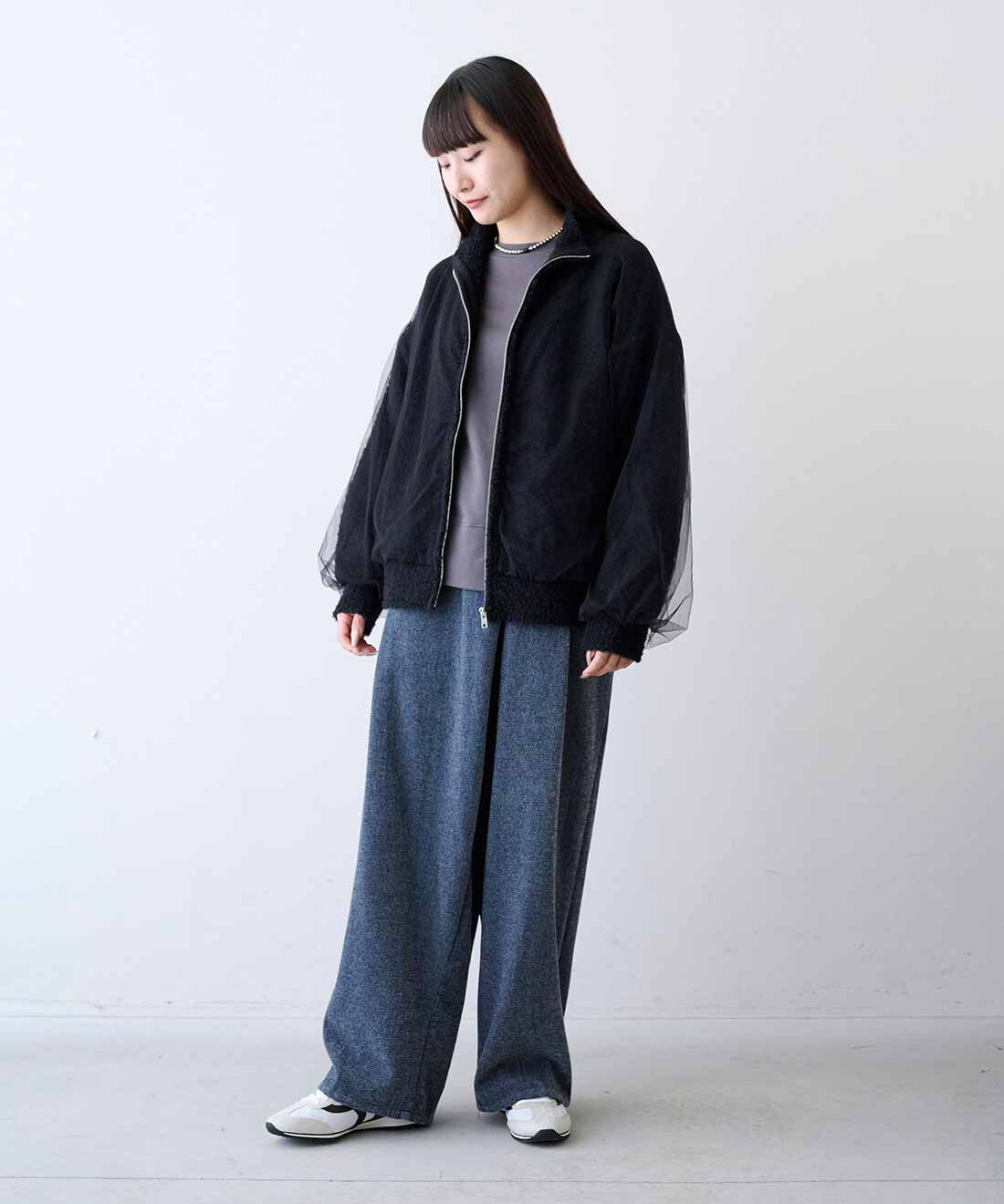 MEDE19F|MEDE19F　ラップデザイン 裏起毛シェニールデニムパンツ〈ブルー〉|モデル身長：158cm　着用サイズ：M