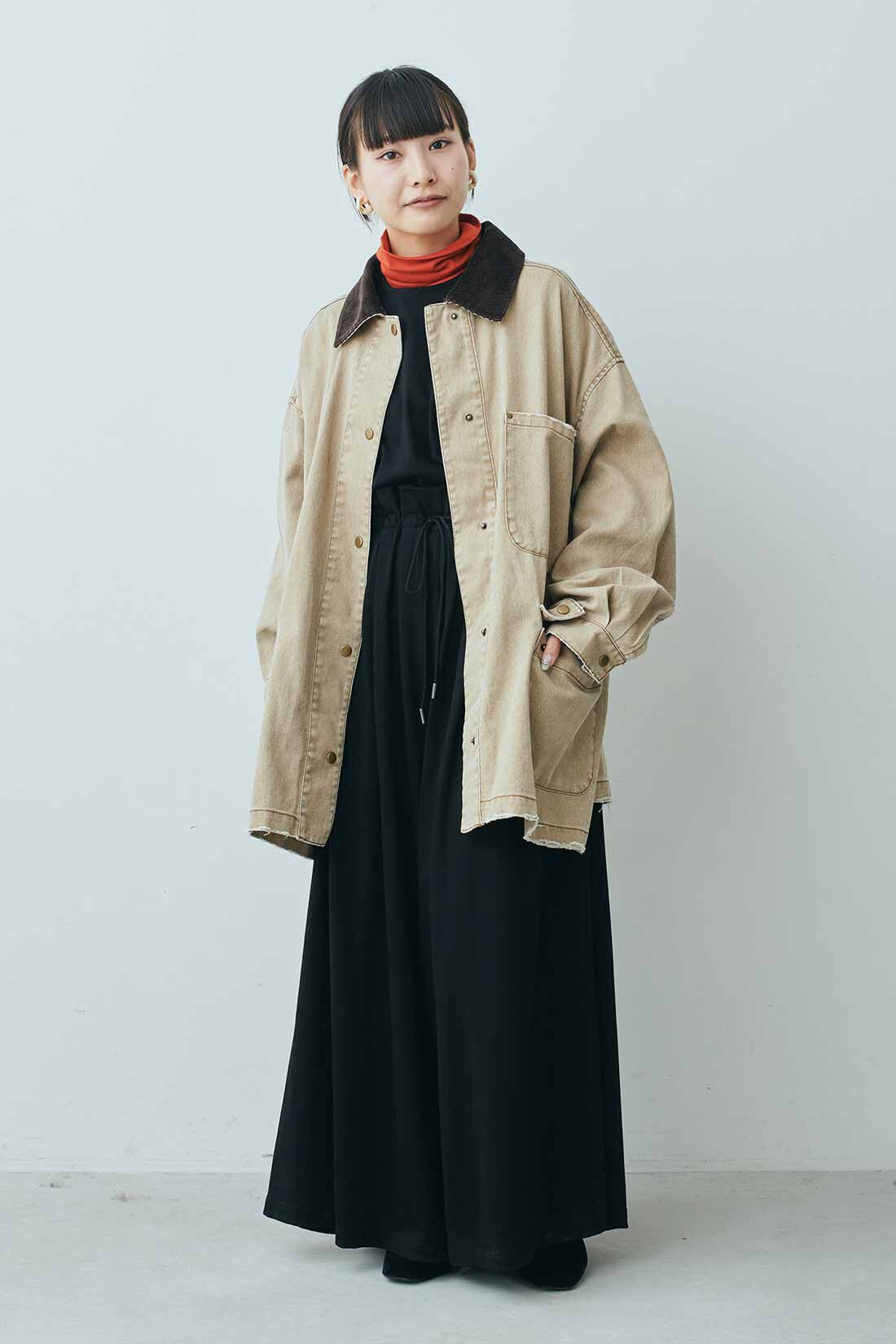 MEDE19F|MEDE19F　古着屋でみつけたような オーバーサイズデニムワークジャケット〈サンドブラウン〉|モデル身長：158cm　着用サイズ：M