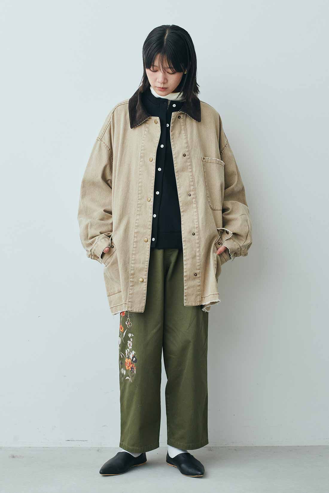 MEDE19F|MEDE19F　古着屋でみつけたような オーバーサイズデニムワークジャケット〈サンドブラウン〉|モデル身長：163cm　着用サイズ：M