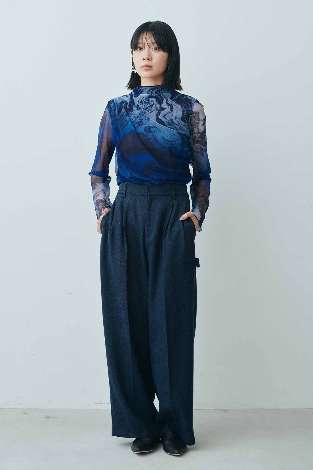 MEDE19F|MEDE19F　ツイードライクなリラックスワイドスラックス〈ネイビーミックス〉|モデル身長：163cm　着用サイズ：M