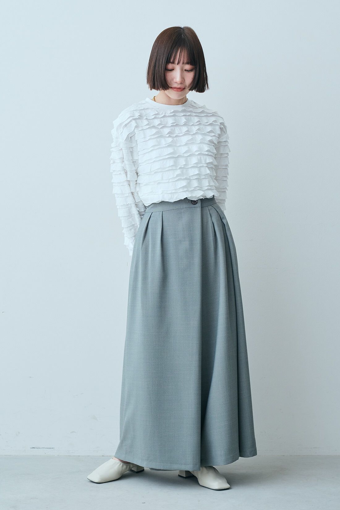 MEDE19F|MEDE19F　ワイドレッグはかまパンツ〈グレー〉|身長：150cm・着用サイズ：MP