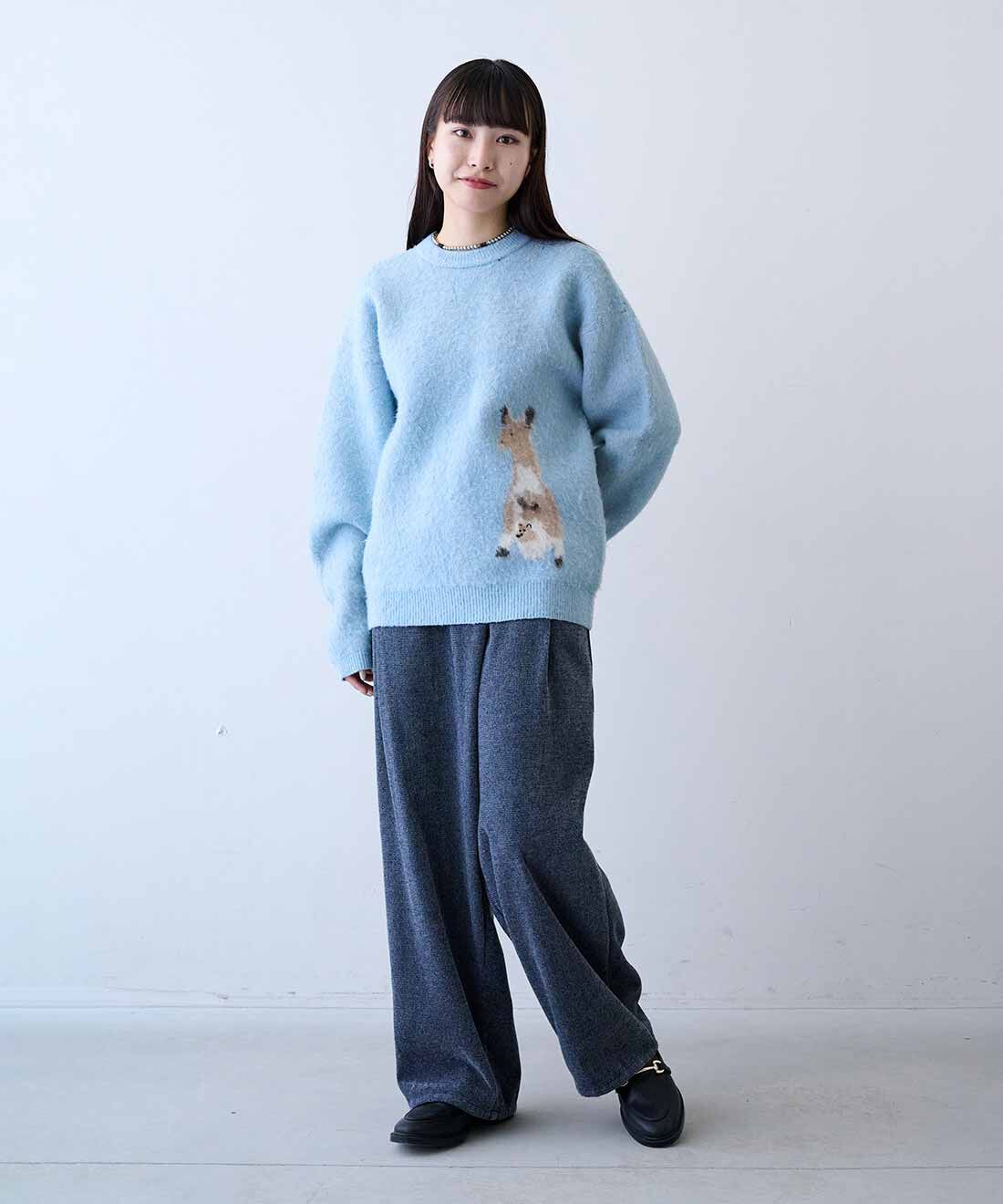 MEDE19F|UNICOLART　アニマルモチーフニットトップスとラップデザイン 裏起毛シェニールデニムパンツ〈ブルー〉のコーディネート