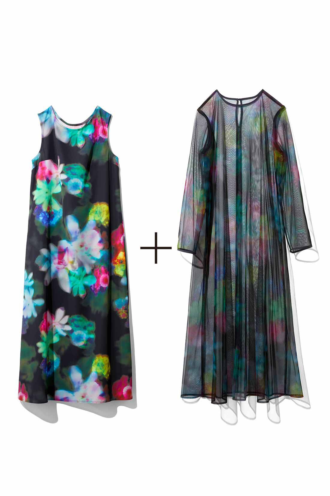 MEDE19F|MEDE19F　花柄のプリントを重ねたシアードレス〈ブラック〉