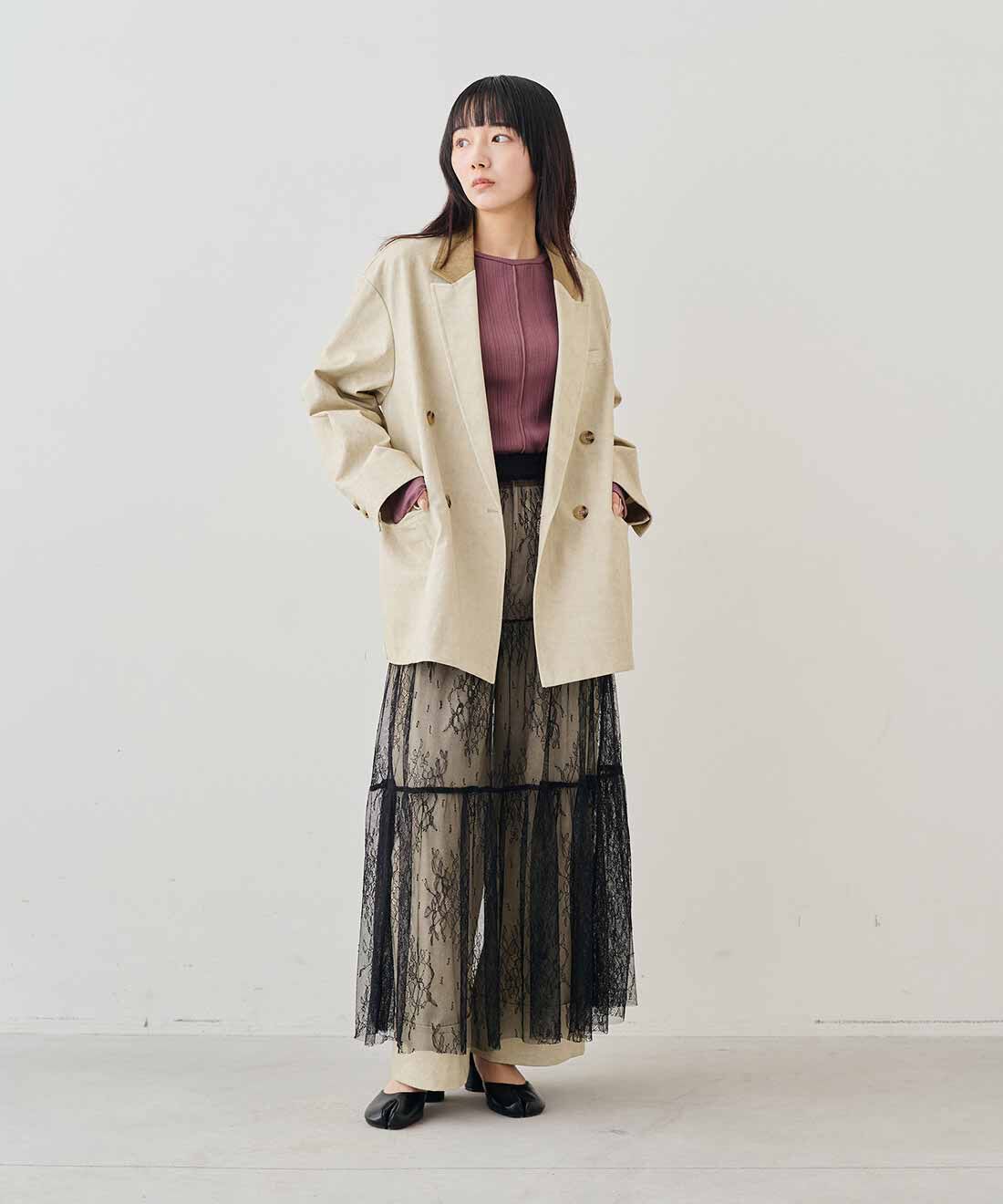 MEDE19F|ヴィンテージライク チノ素材 ワークスラックス〈ベージュ〉とコットンランダム リブトップスの会とケミカル加工　ワッフルトップスの会のコーディネート