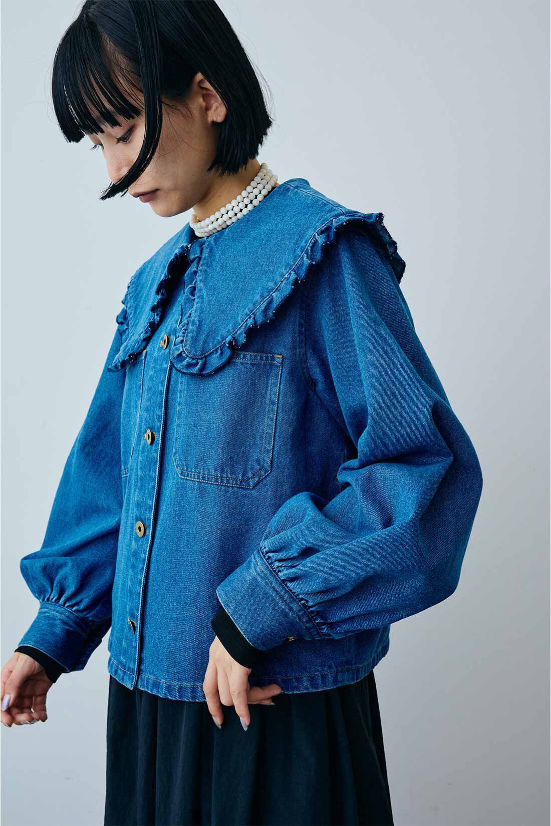 MEDE19F|MEDE19F　フリル衿デニムシャツジャケット〈ユーズドブルー〉