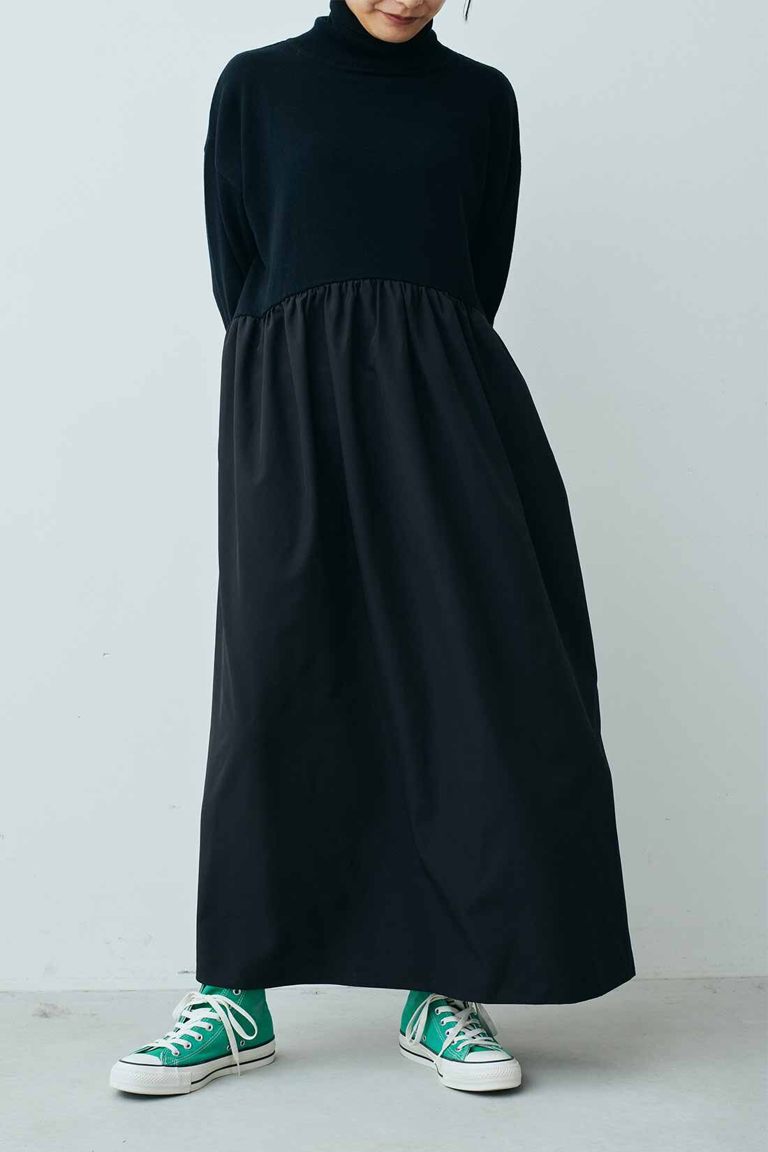 MEDE19F|MEDE19F 異素材ドッキング タートルネックワンピース〈ブラック〉