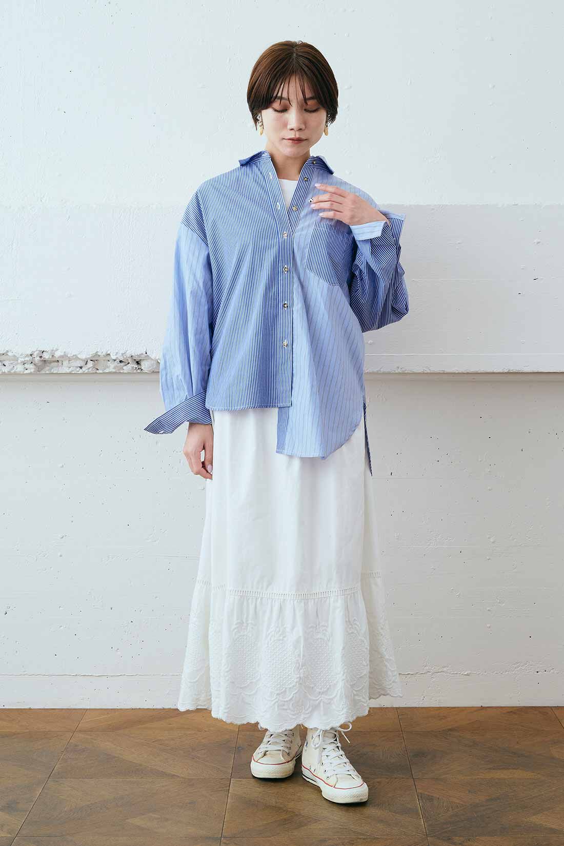 MEDE19F|MEDE19F　ミックスストライプシャツ〈ライトパープル〉|モデル身長：162cm　着用サイズ：M