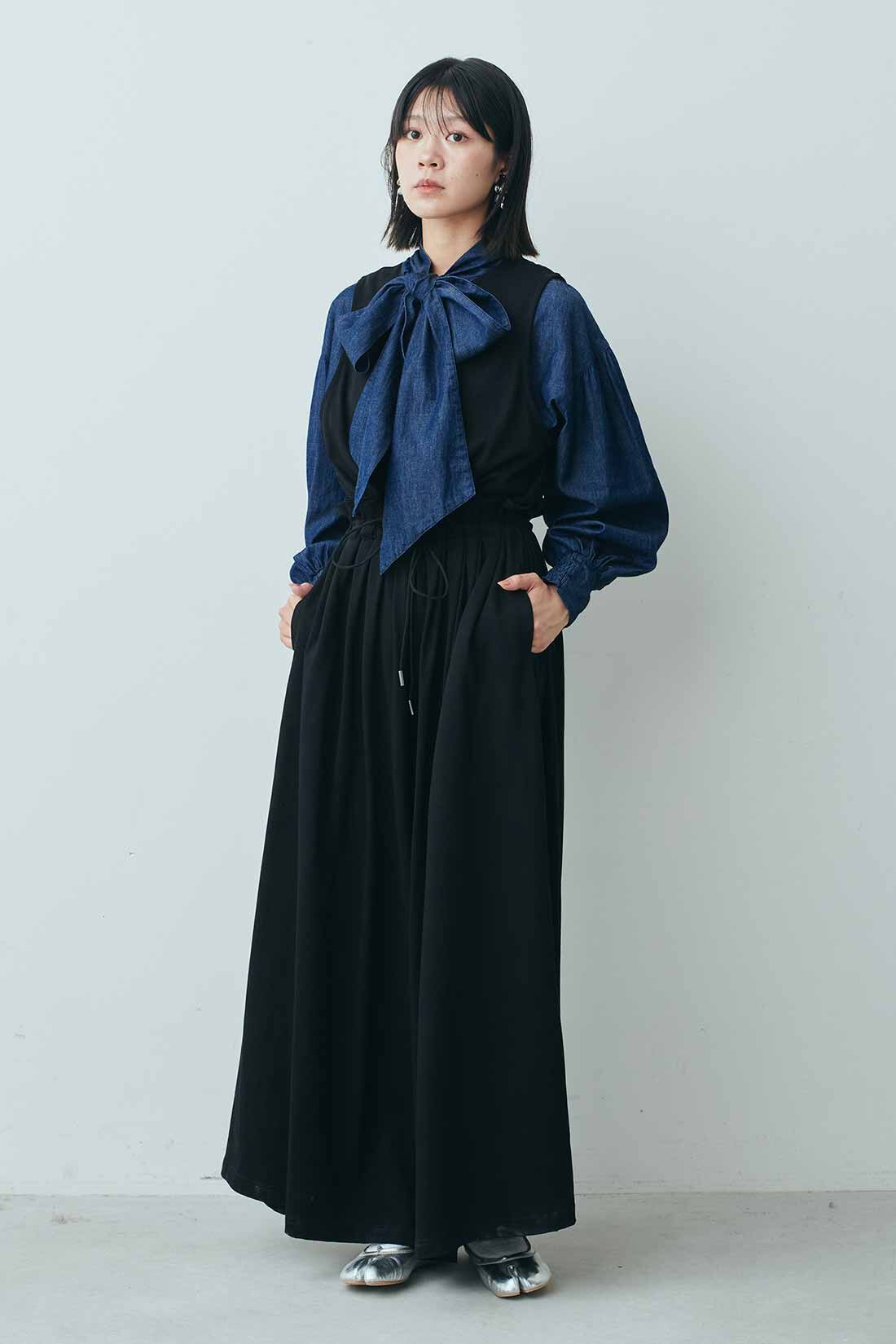 MEDE19F|MEDE19F　タック遣いのカットソーオールインワン〈ブラック〉|モデル身長：163cm　着用サイズ：M