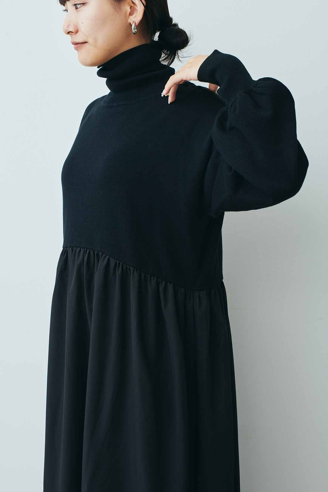 MEDE19F|MEDE19F 異素材ドッキング タートルネックワンピース〈ブラック〉