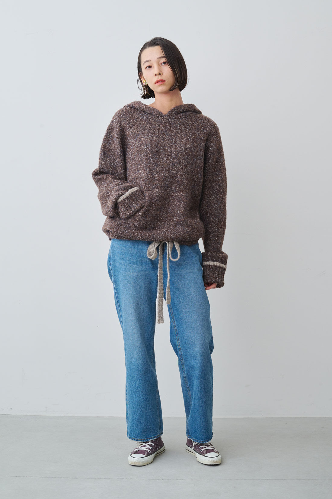 MEDE19F|MEDE19F　ミックスニットフーディー〈杢グレー〉|モデル身長：168cm　着用サイズ：M