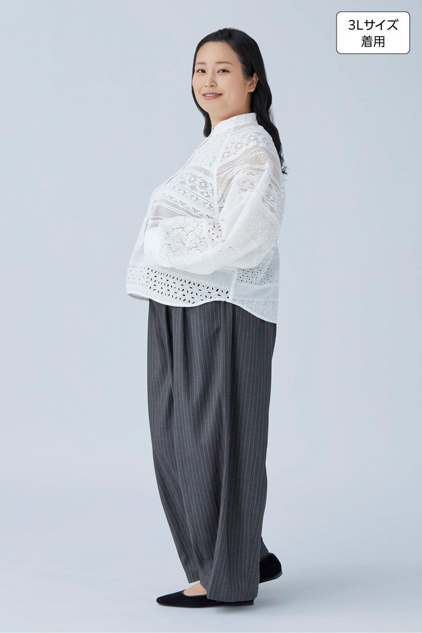 MEDE19F|MEDE19F　バレルシルエット ストライプパンツ〈グレー〉|身長：160cm バスト：113cm ウエスト：90cm ヒップ：115cm 太ももまわり：63cm