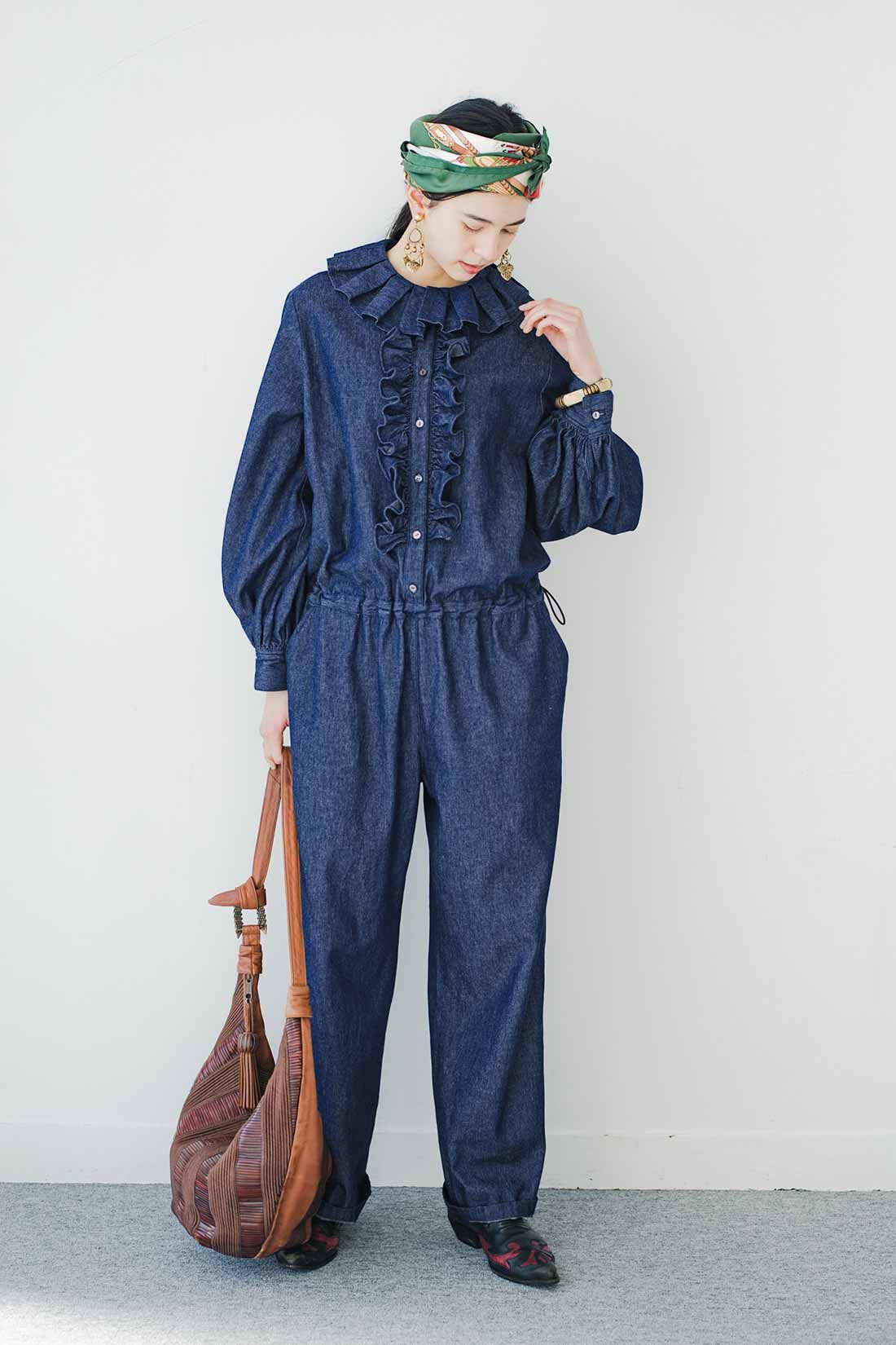 MEDE19F|【MEDE19F】Boutique888さんコラボ フリル遣いのデニムオールインワン〈インディゴネイビー〉