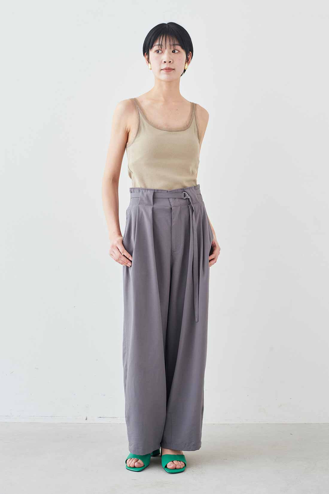 MEDE19F|MEDE19F　チュール遣いのカップ付きリブタンクトップの会|モデル身長：163cm　着用サイズ：M