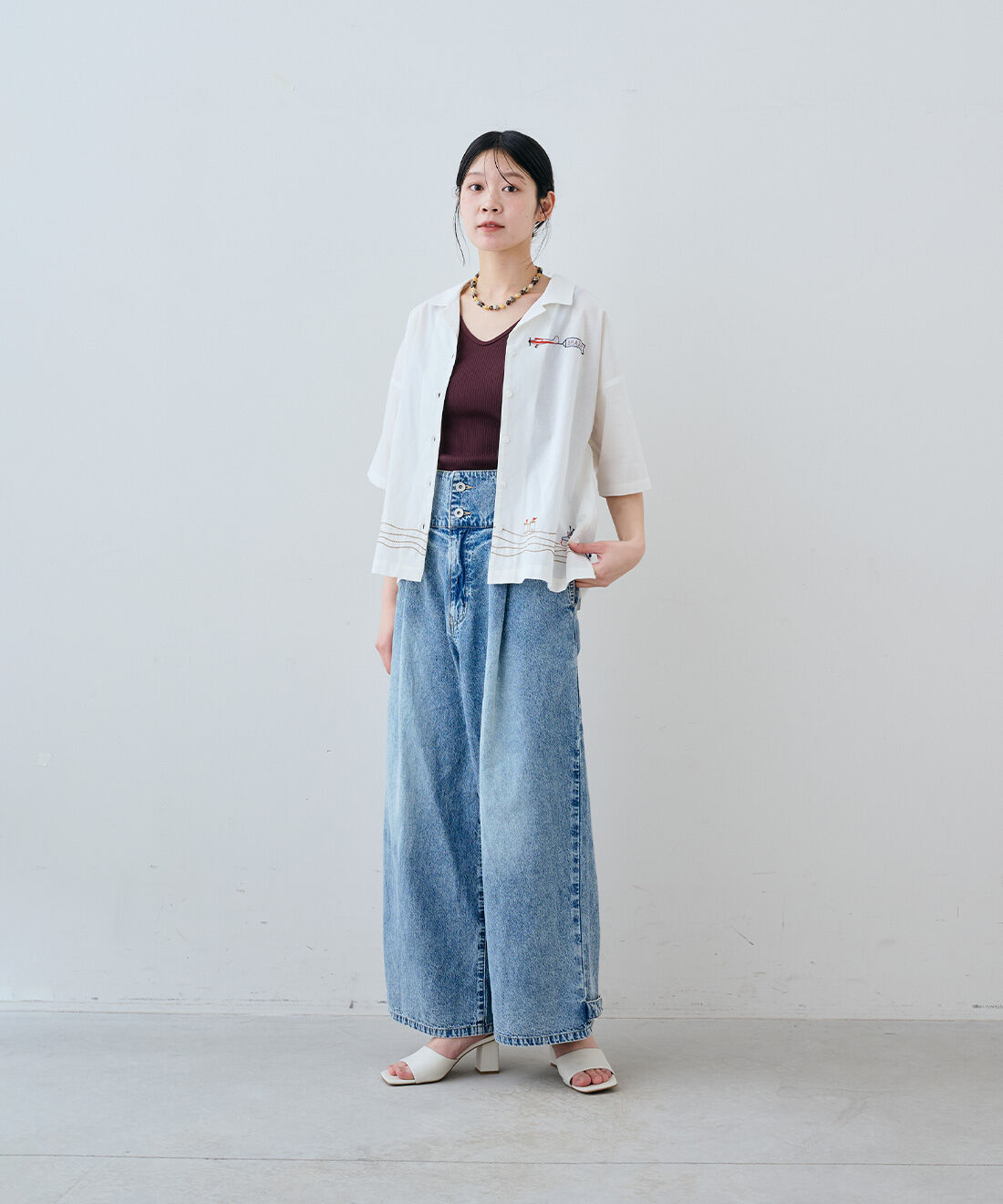 MEDE19F|バカンス刺繍開衿シャツ〈オフホワイト〉のコーディネート|163cm　size：TOP 1 PANTS M