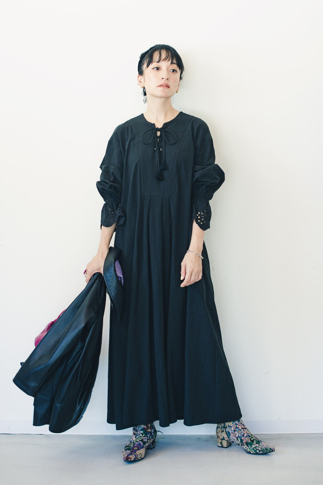 MEDE19F|MEDE19F　高山都さんコラボ レースアップカフタンワンピース|モデル身長：158cm　着用サイズ：M