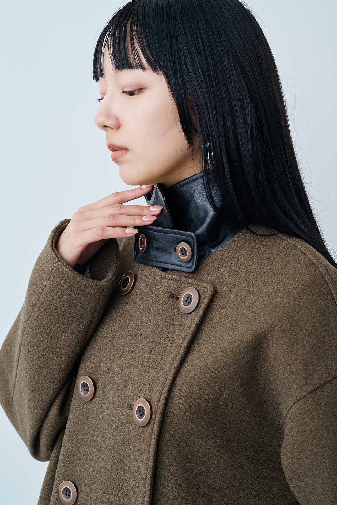 MEDE19F|MEDE19F　合皮を合わせたメルトン調ミリタリーコート〈カーキ〉