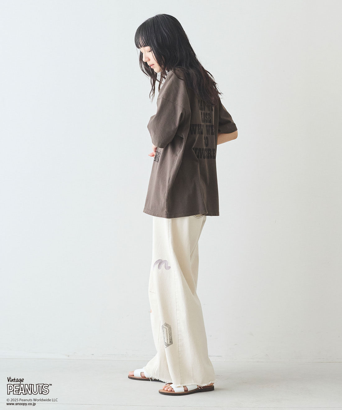 MEDE19F|MEDE19F PEANUTS 古着のようなプリントTシャツ|モデル身長：163cm　着用サイズ：M