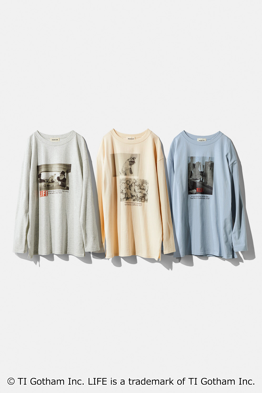 MEDE19F|【MEDE19F】グラフ誌LIFEフォトプリントロングTシャツの会|左から〈杢ホワイト〉〈クリーム〉〈サックスブルー〉