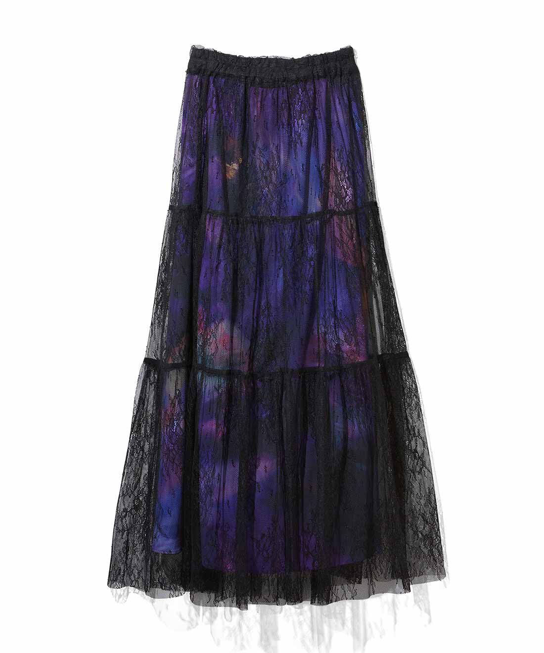 MEDE19F|MEDE19F　花が見え隠れするプリントとレースのスカートセット〈ブラック＆パープル〉