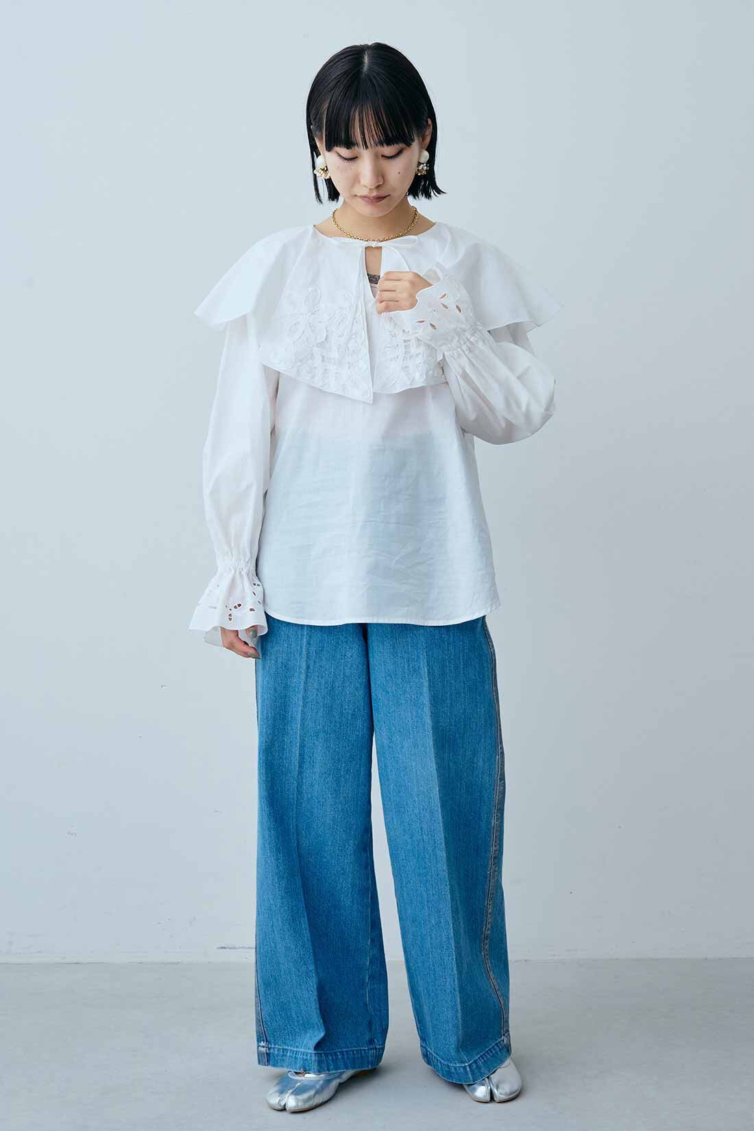 MEDE19F|MEDE19F　Boutique 888さんコラボ バテンレース遣いラッフル衿ブラウス〈オフホワイト〉|モデル身長：158cm　着用サイズ：M