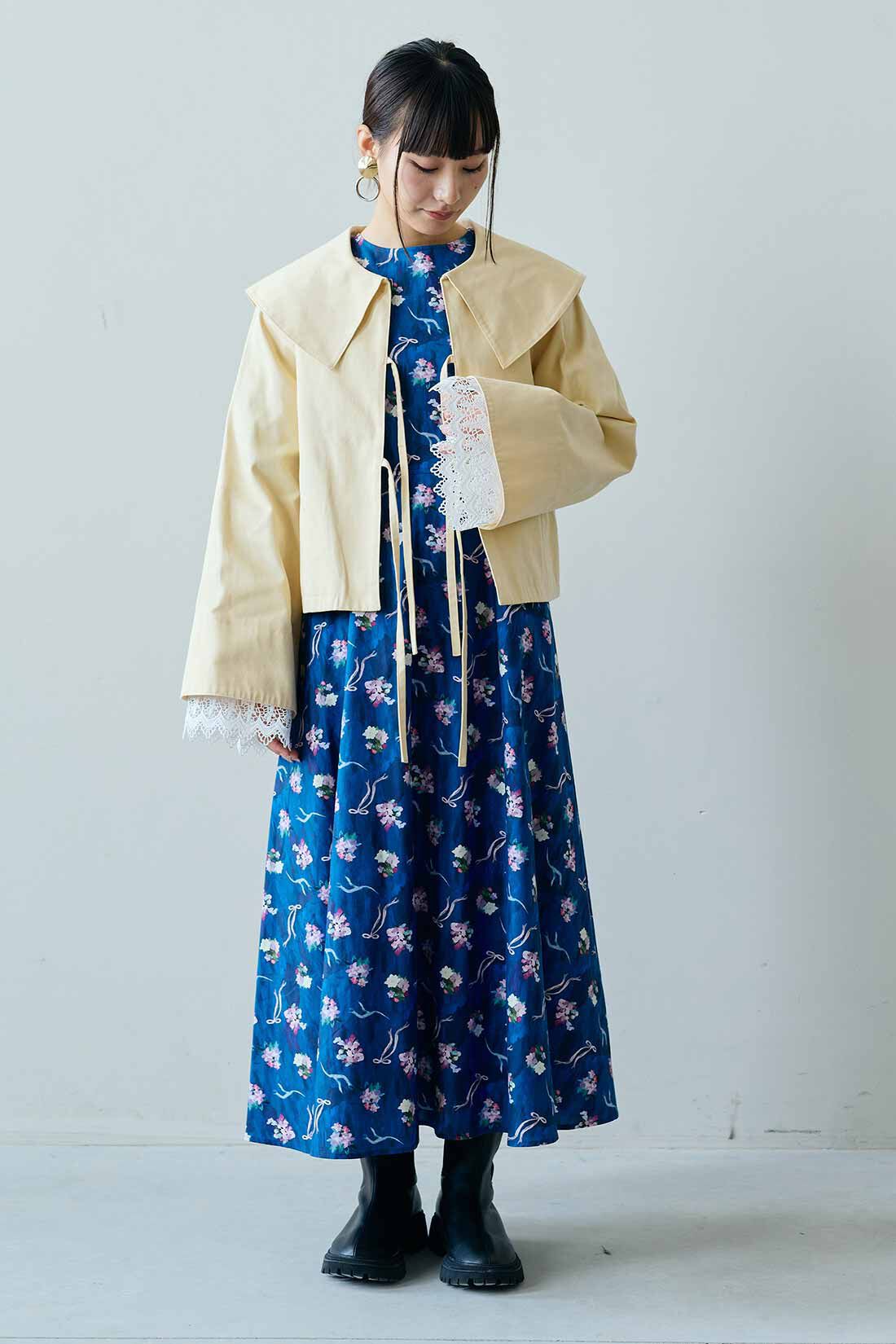 MEDE19F|MEDE19F　絵画みたいな花模様ワンピース〈ブルー〉|モデル身長：158cm　着用サイズ：M