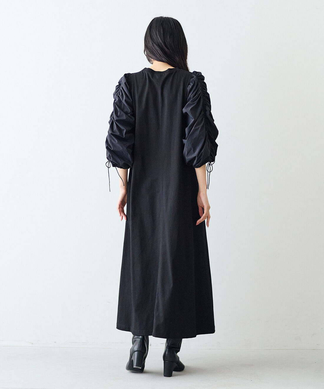 MEDE19F|MEDE19F　異素材スリーブワンピース|モデル身長：163cm　着用サイズ：M