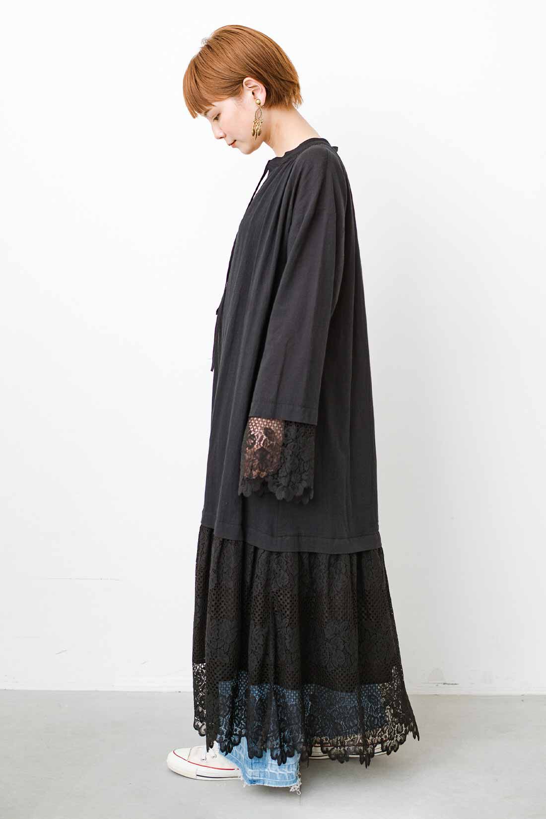 MEDE19F|MEDE19F　チャーチスモック風ワンピース|モデル身長：157cm　着用サイズ：M
