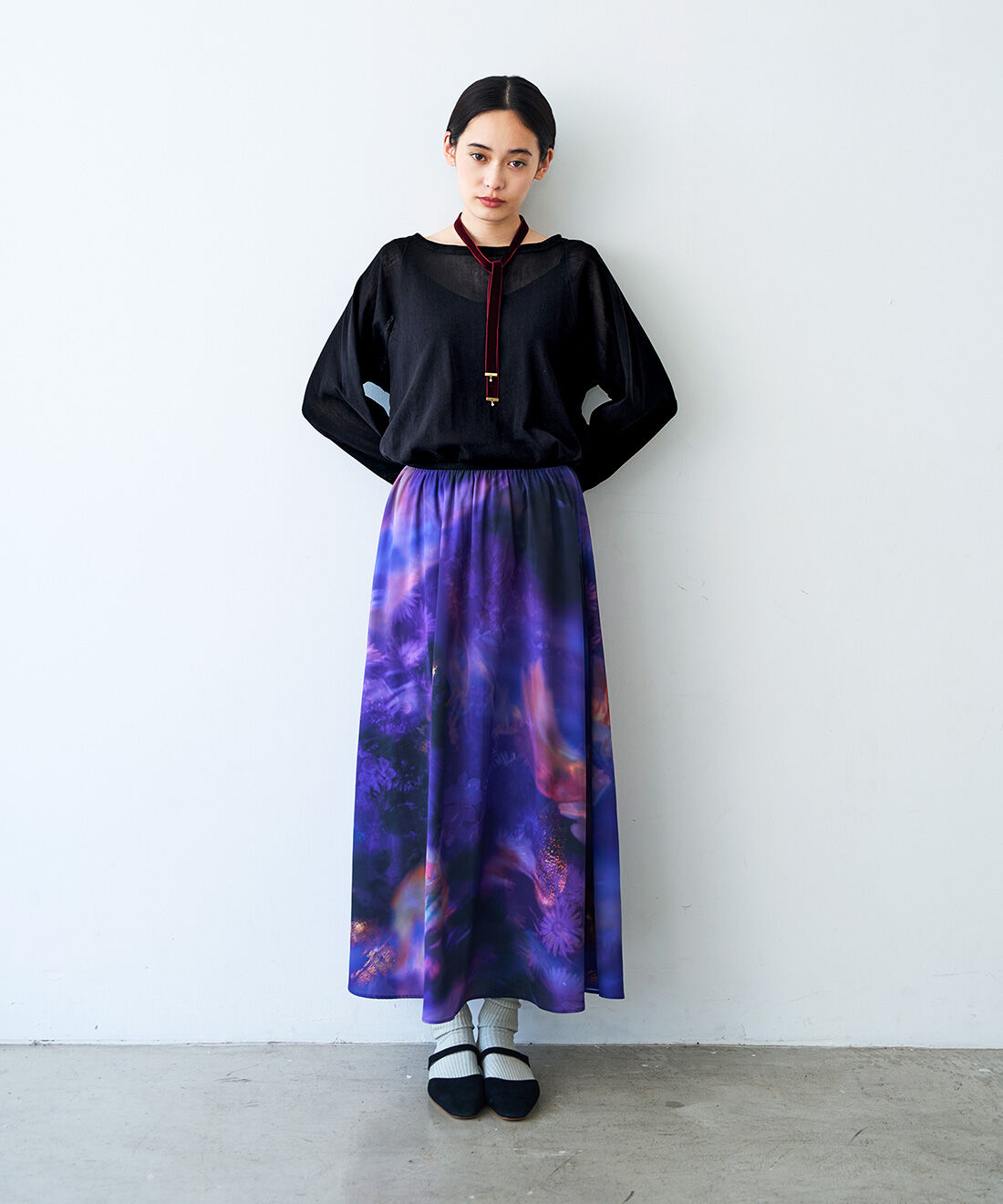 MEDE19F|MEDE19F　花が見え隠れするプリントとレースのスカートセット〈ブラック＆パープル〉