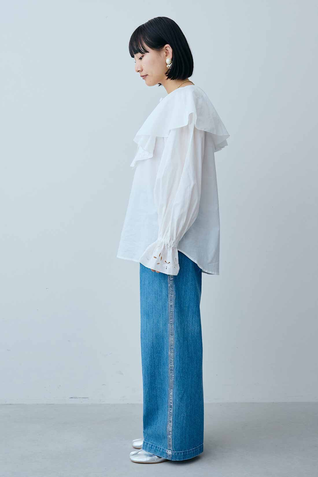 MEDE19F|MEDE19F　Boutique 888さんコラボ バテンレース遣いラッフル衿ブラウス〈オフホワイト〉|モデル身長：158cm　着用サイズ：M