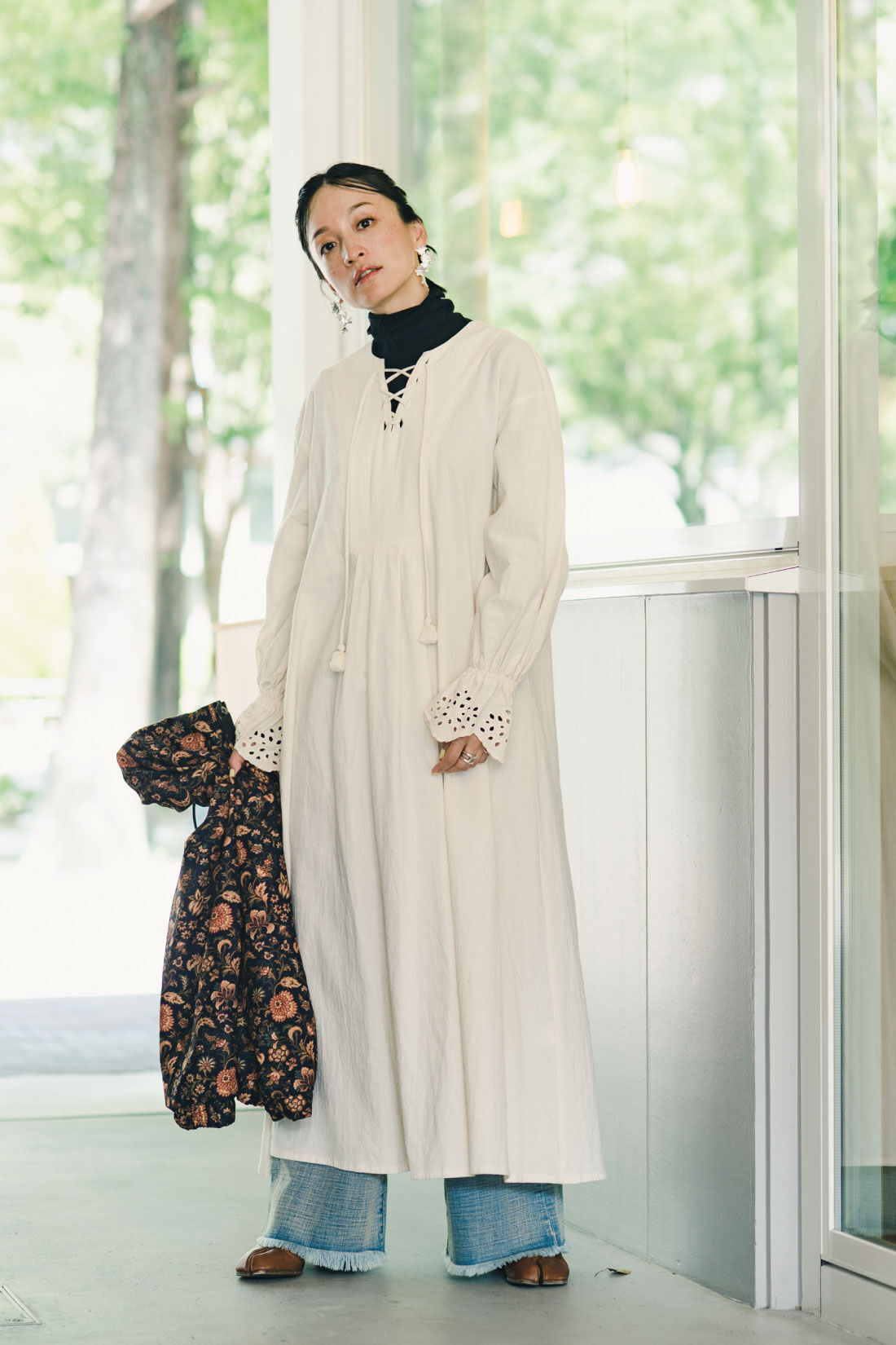 MEDE19F|MEDE19F　高山都さんコラボ レースアップカフタンワンピース|モデル身長：158cm　着用サイズ：M