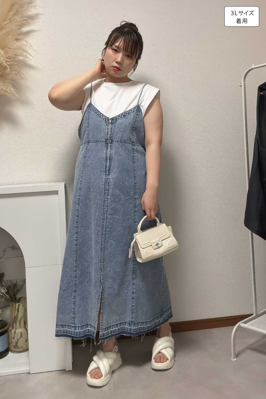 MEDE19F|レスウォーター加工 アンティーク調 デニム キャミワンピ〈フェードブルー〉のコーディネート