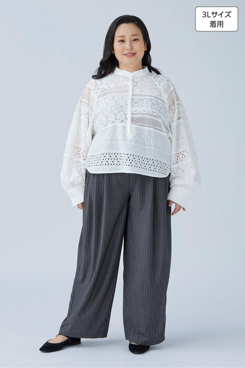 MEDE19F|MEDE19F　バレルシルエット ストライプパンツ〈グレー〉|身長：160cm バスト：113cm ウエスト：90cm ヒップ：115cm 太ももまわり：63cm