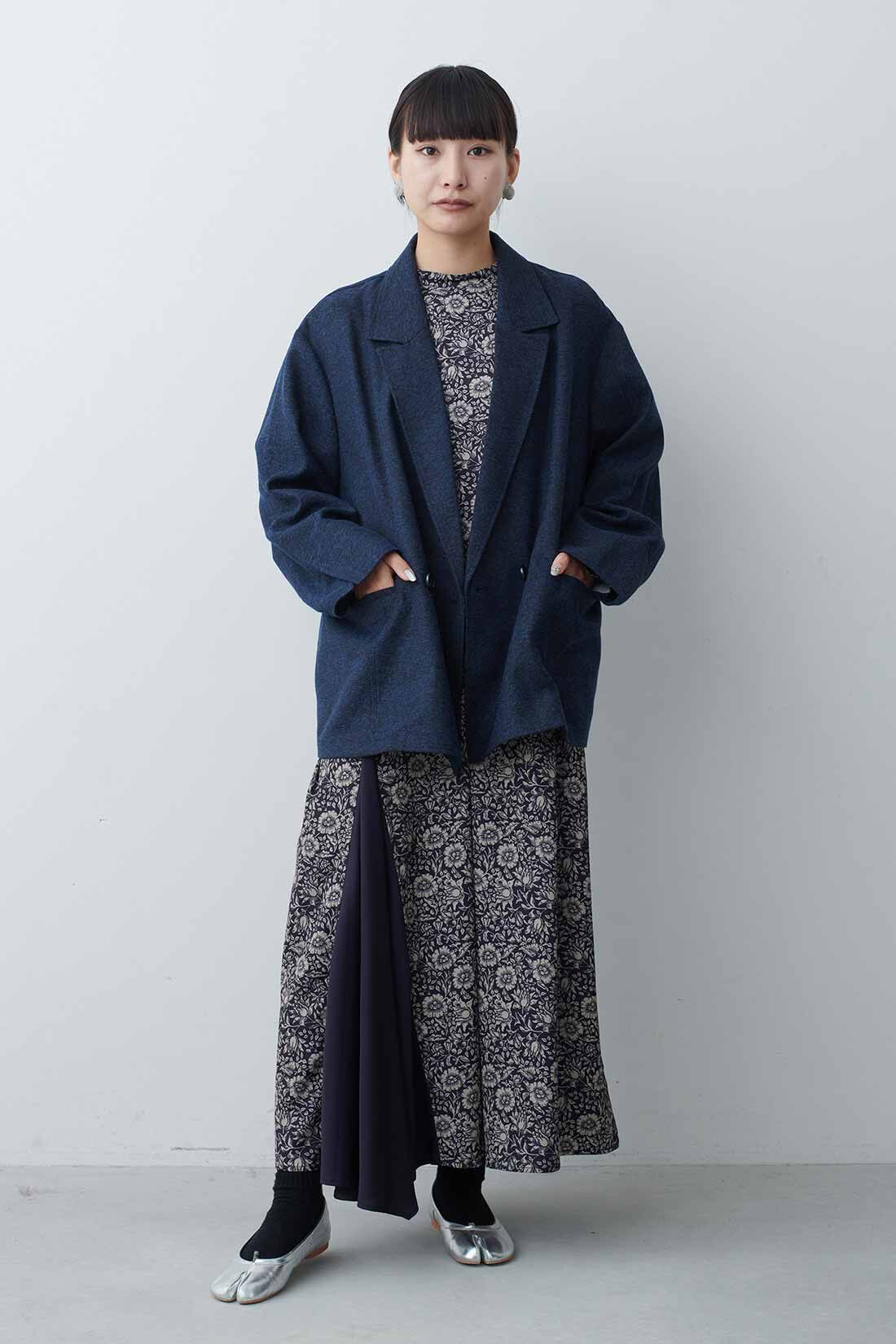 MEDE19F|MEDE19F　ツイードライクなリラックスダブルジャケット〈ネイビーミックス〉|モデル身長：158cm　着用サイズ：M