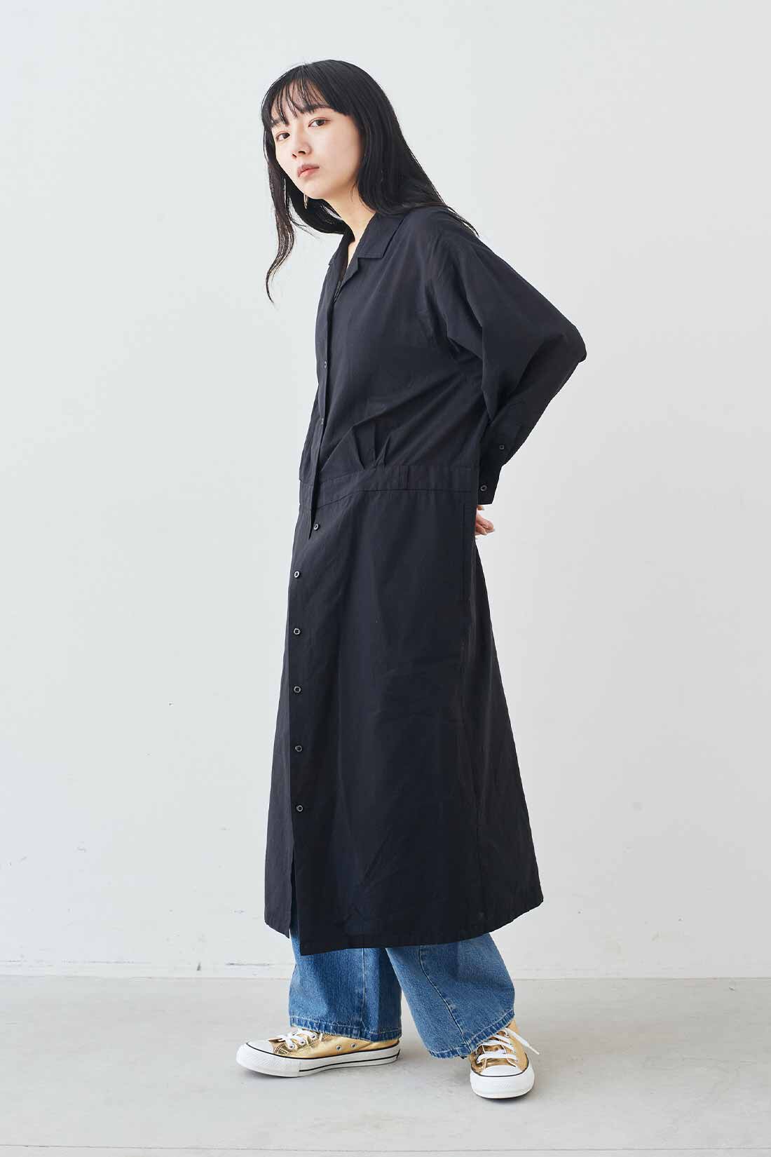 MEDE19F|MEDE19F　日陰をまとうシャツコートワンピース〈ブラック〉|モデル身長：163cm　着用サイズ：M