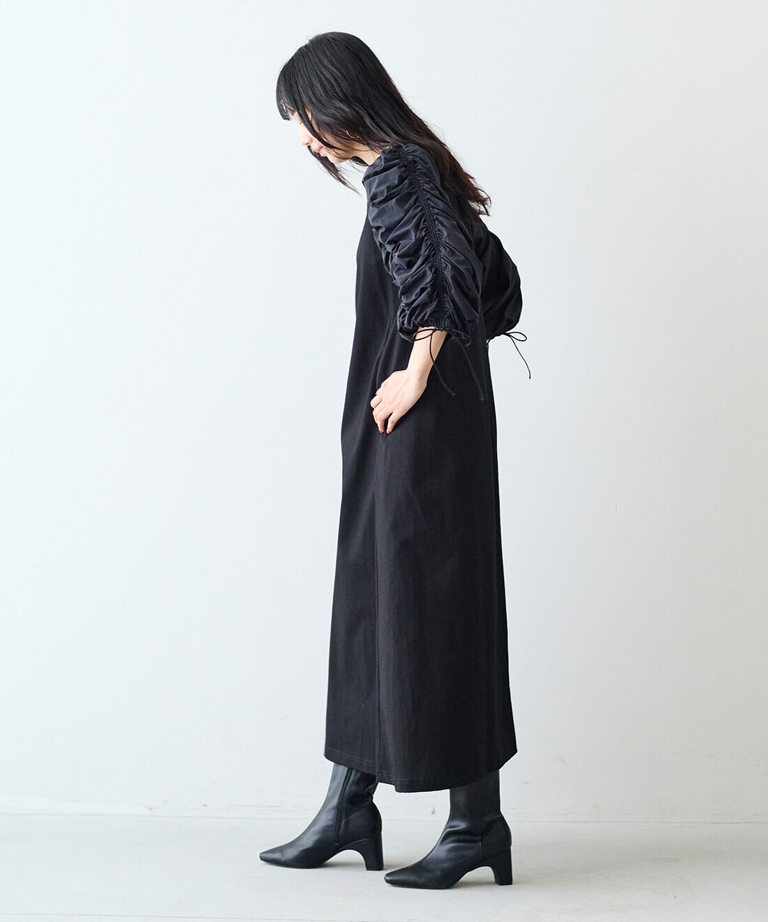 MEDE19F|MEDE19F　異素材スリーブワンピース|モデル身長：163cm　着用サイズ：M