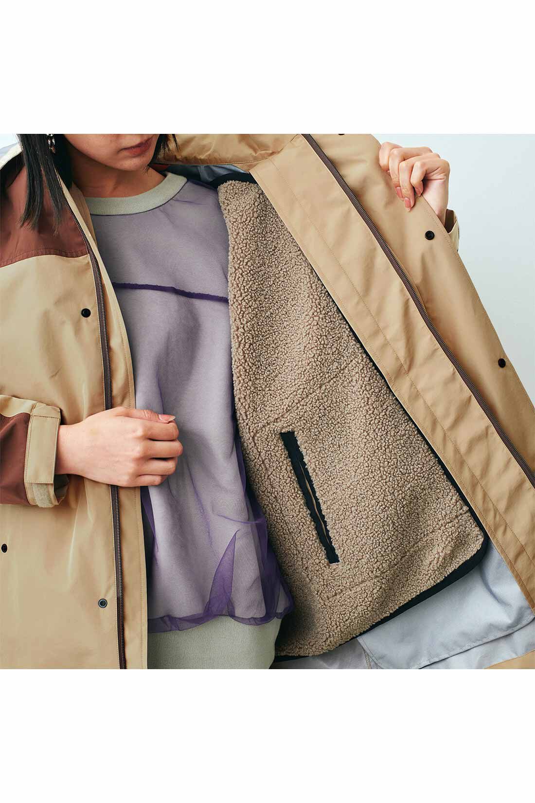 MEDE19F|GERRY（Ｒ） for MEDE19F　高山都さんコラボ ライナー付きマウンテンコート〈ベージュ&times;ブラウン〉|ボアライナーはジッパーで 着け外し可能。ベストとし て、単品使いもできます。