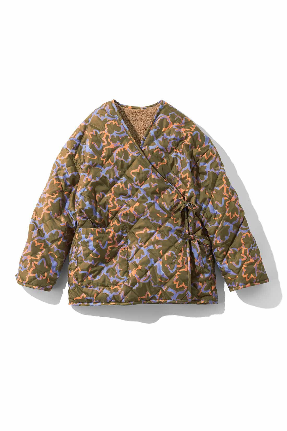 MEDE19F [メデ・ジュウキュウ]|MEDE19F プリント×ボアのリバーシブルはんてん〈カーキ×ライトブラウン〉