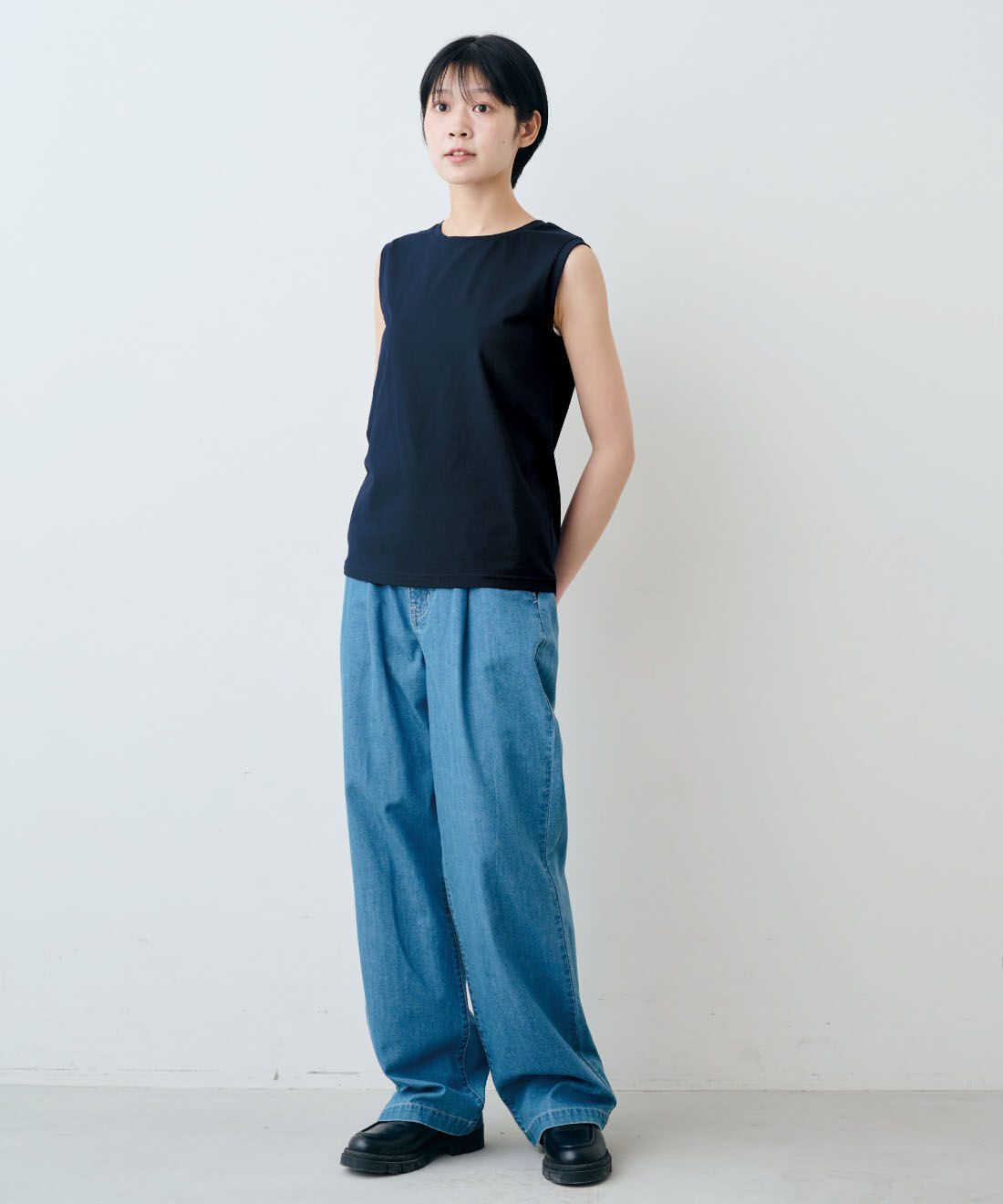 THREE FIFTY STANDARD|THREE FIFTY STANDARD　シルケット加工のタンクトップの会|モデル身長：163cm　着用サイズ：M