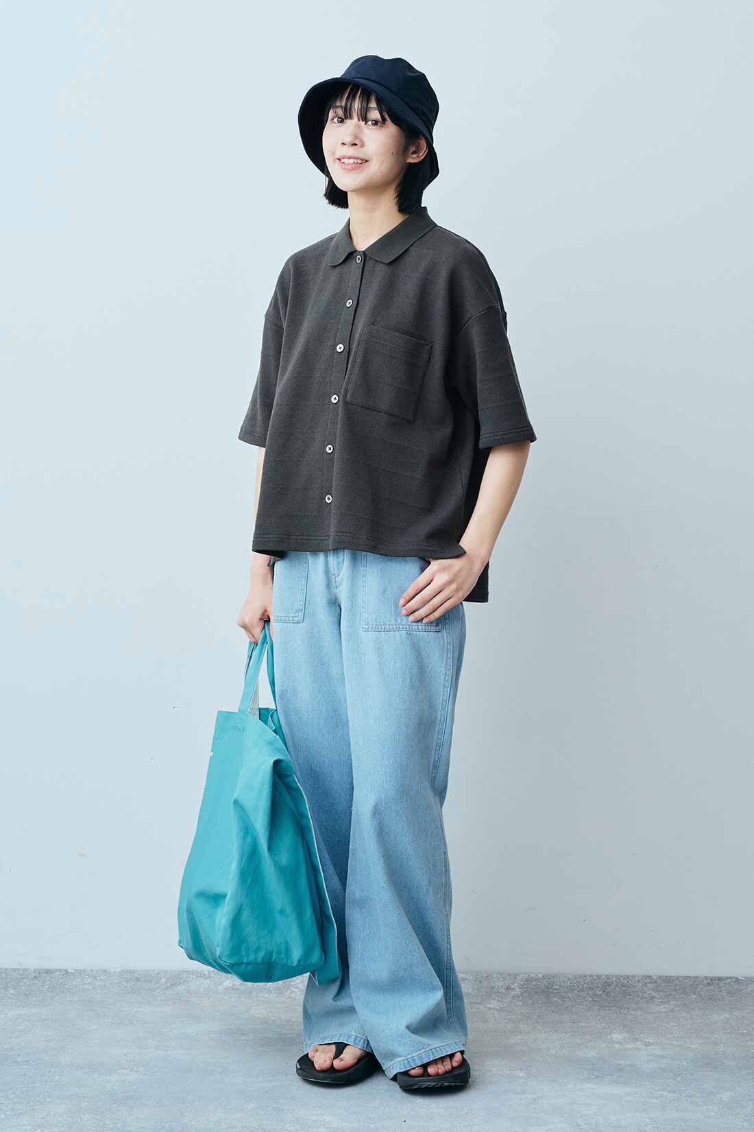THREE FIFTY STANDARD|麻混 ペインターデニムパンツのコーディネート|モデル身長：163cm 着用サイズ：M