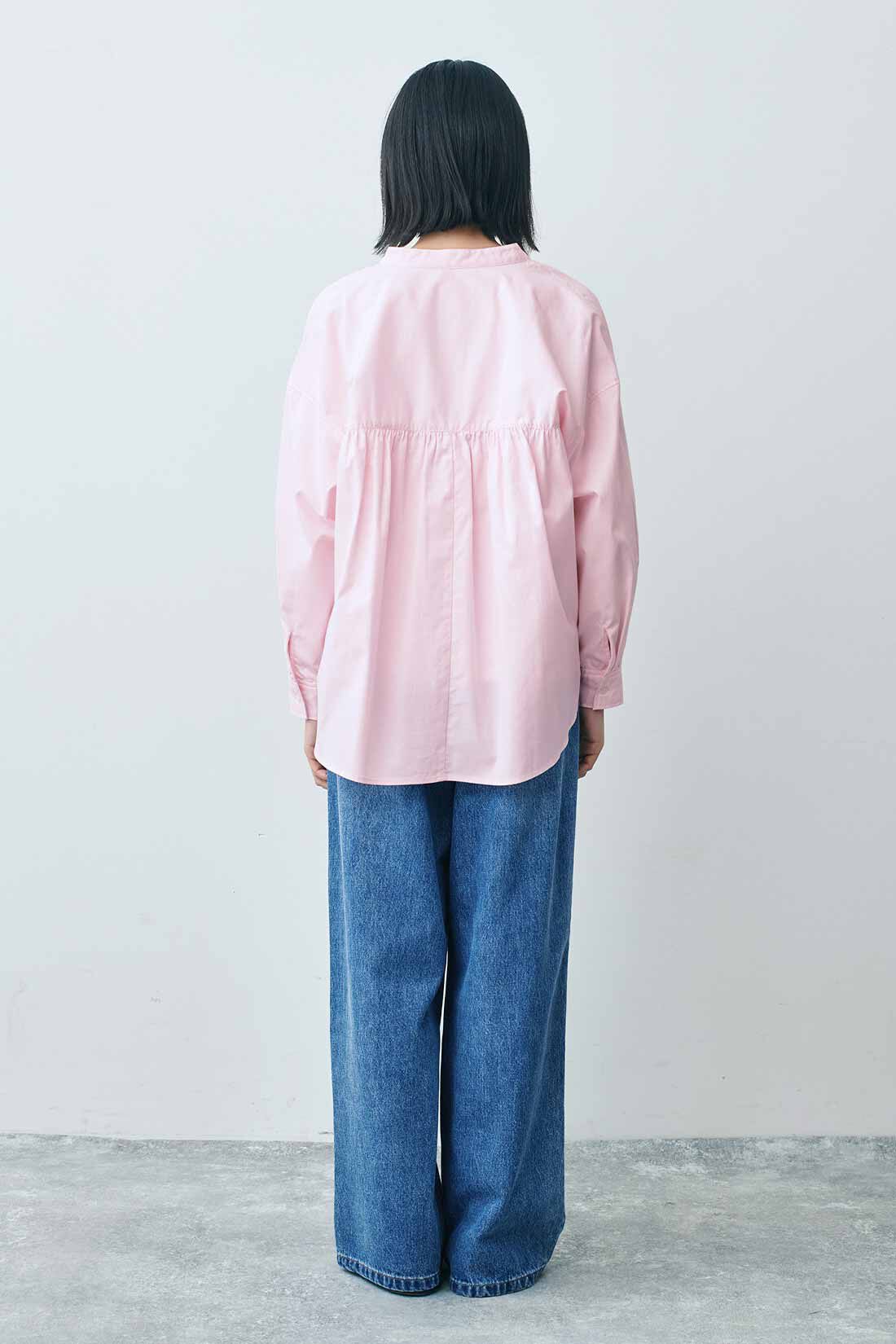 THREE FIFTY STANDARD|THREE FIFTY STANDARD ライトピンクのスタンドカラーのシャツ|モデル身長：163cm 着用サイズ：M