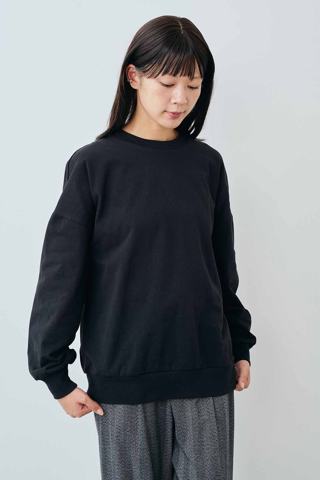 THREE FIFTY STANDARD|THREE FIFTY STANDARD トレーナーみたいなTシャツ〈ブラック〉|モデル身長：163cm　着用サイズ：M