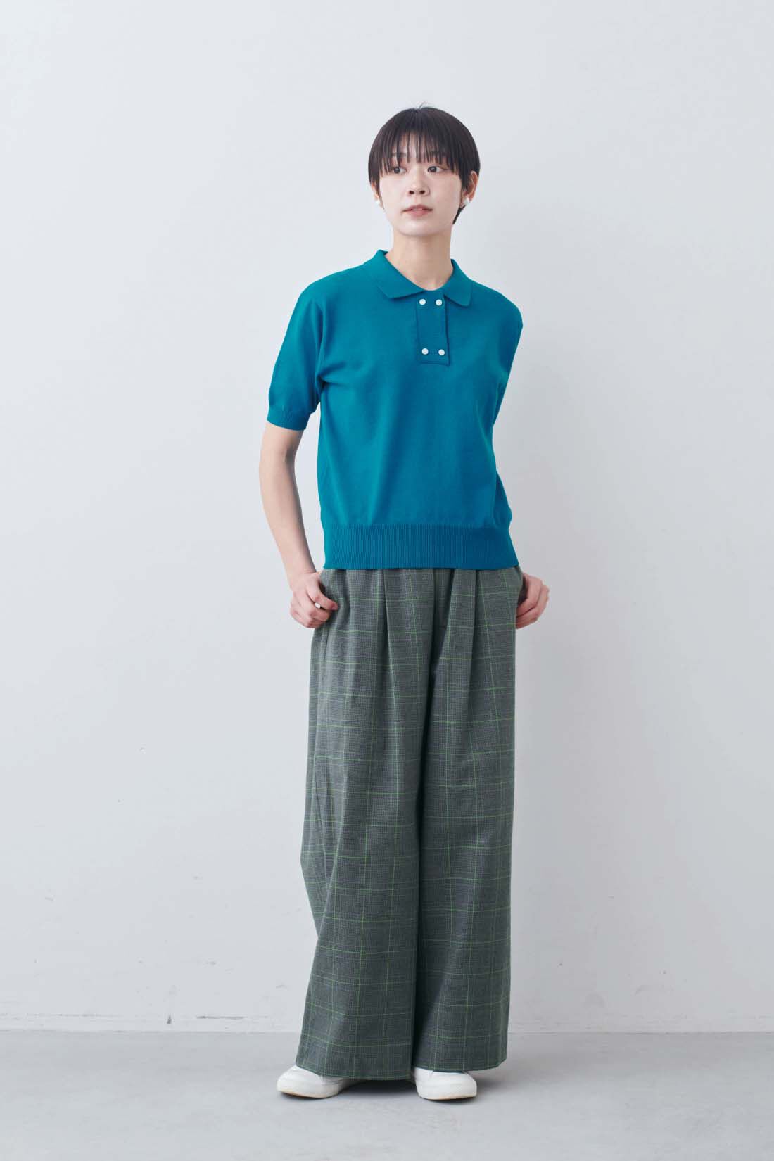 THREE FIFTY STANDARD|THREE FIFTY STANDARD　グリーンラインのチェックパンツ|モデル身長：163cm　着用サイズ：M