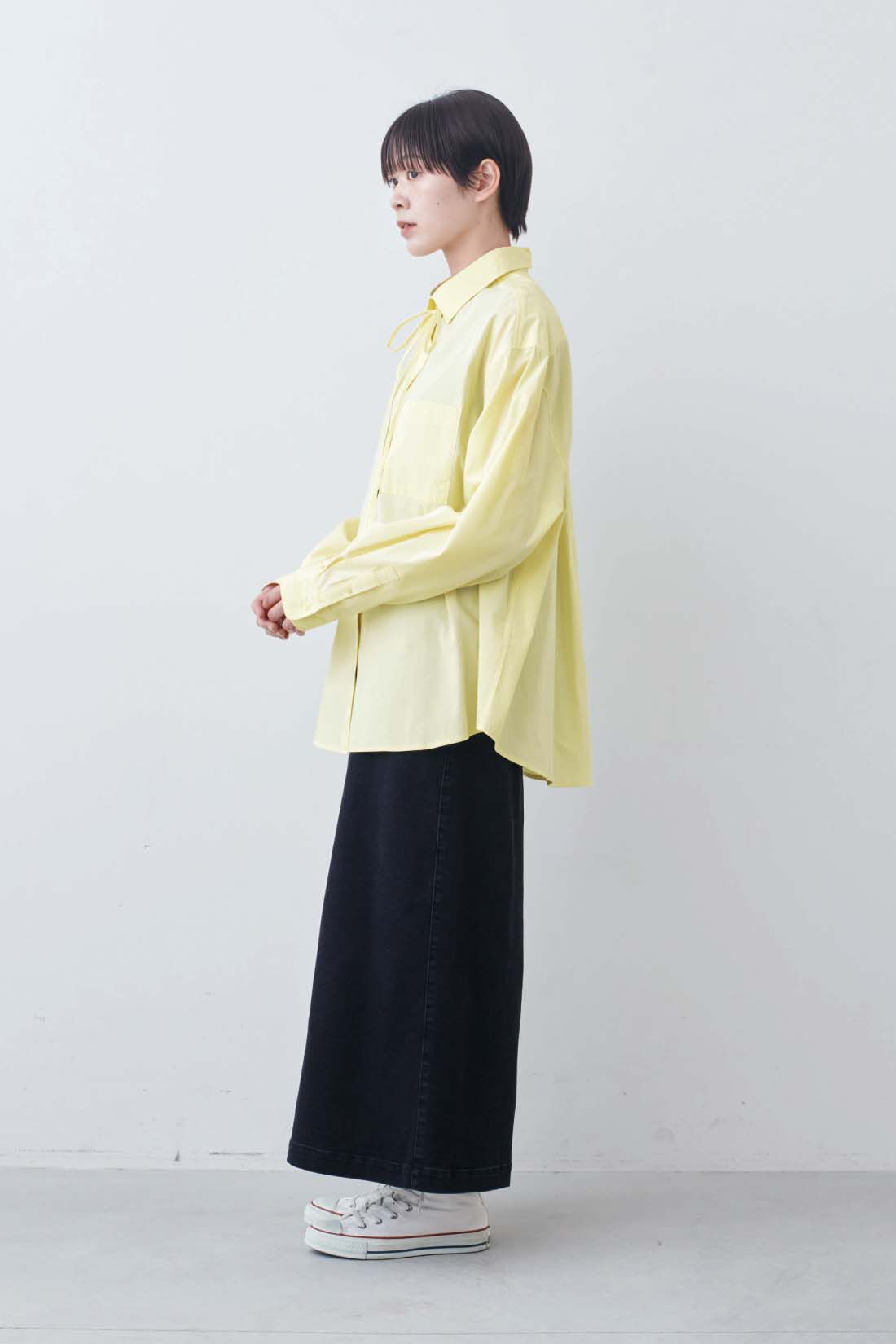 THREE FIFTY STANDARD|THREE FIFTY STANDARD　小谷 実由さんと作った こだわりの薄黄色シャツ〈イエロー〉|モデル身長：163cm　着用サイズ：M